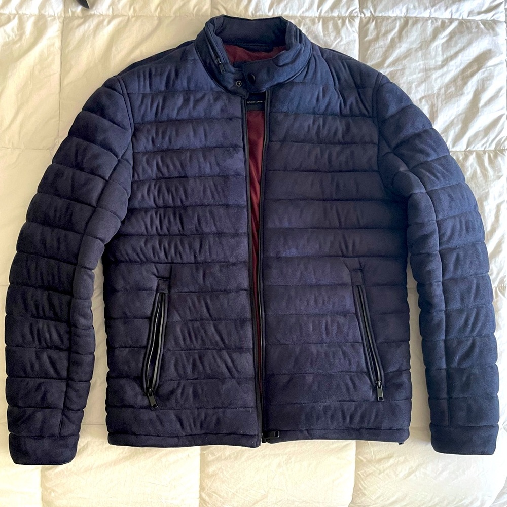 NWOT Zara men’s faux suede puffer jacket Large Navy